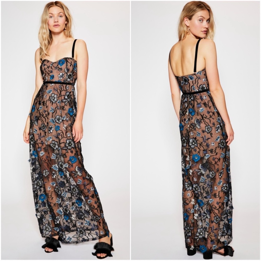 For love and lemons Beatrice floral blue and black maxi dress